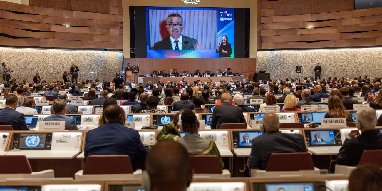 Delegates seated in a large assembly hall during a high-level health meeting