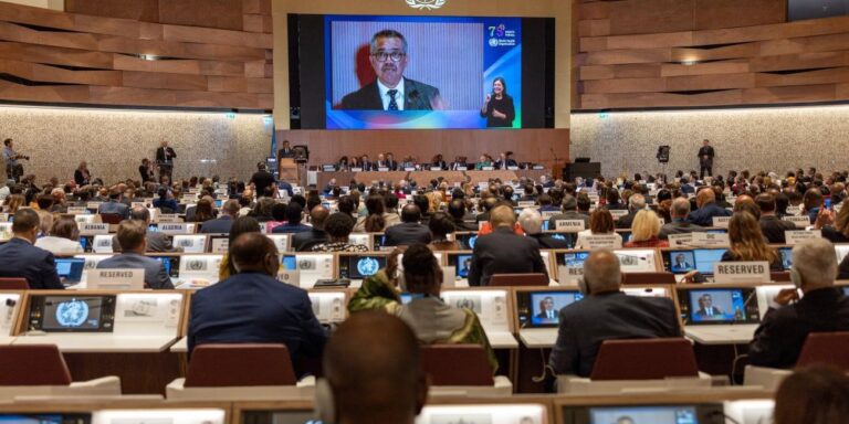 Delegates seated in a large assembly hall during a high-level health meeting